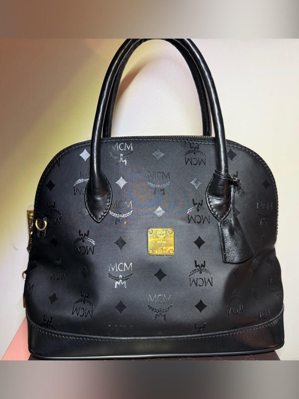 MCM Black Monogram Dome Satchel with Gold Plaque